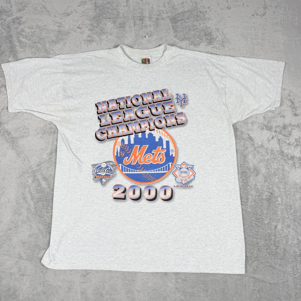 Vintage Fruit of the Loom Mens XL New York Mets 2000 NL Champions T-Shirt Gray